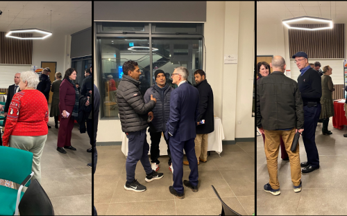 A collage of people gathered for the interfaith meeting