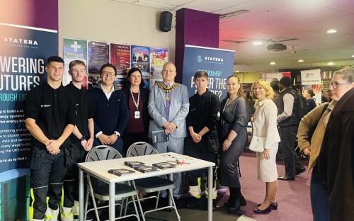 Donald Ritchie, Project Developer at Statera Energy (third from left), with Cllr Milena Bingley and Cllr Bill Cook, Mayor of Thurrock, joined by staff from Statera Energy and Thurrock Council at the Careers Fair.